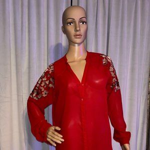 Authentic Icon Sheer Red & Gold Decor Button Down Shirt